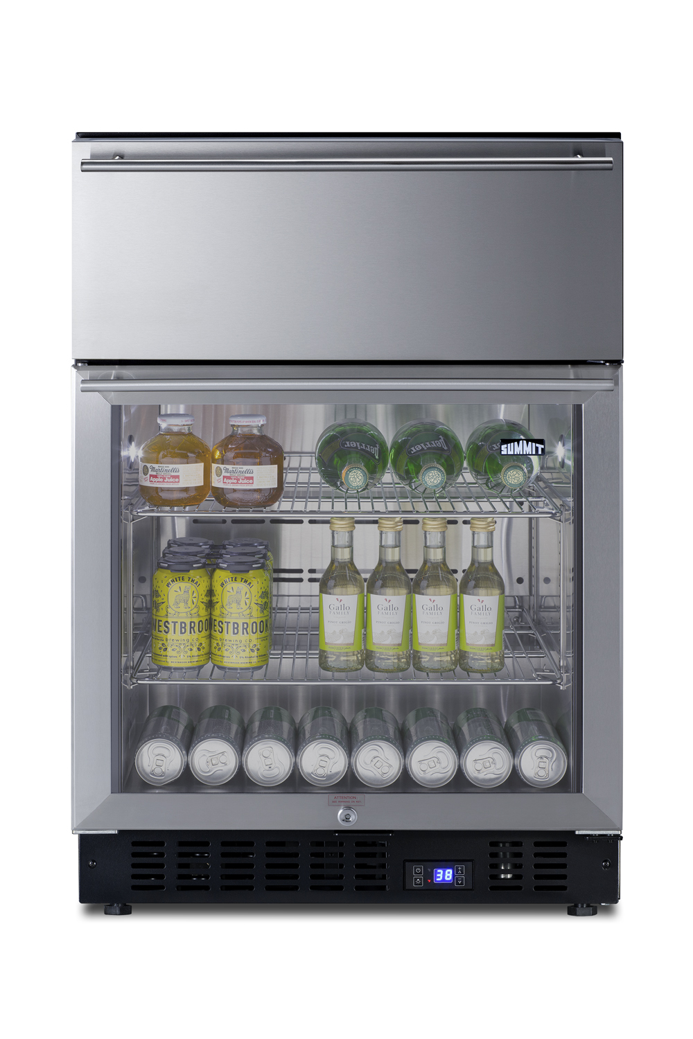 Commercially approved 4.76 cu.ft. undercounter beverage center with glass door and upper refrigerated drawer compartment